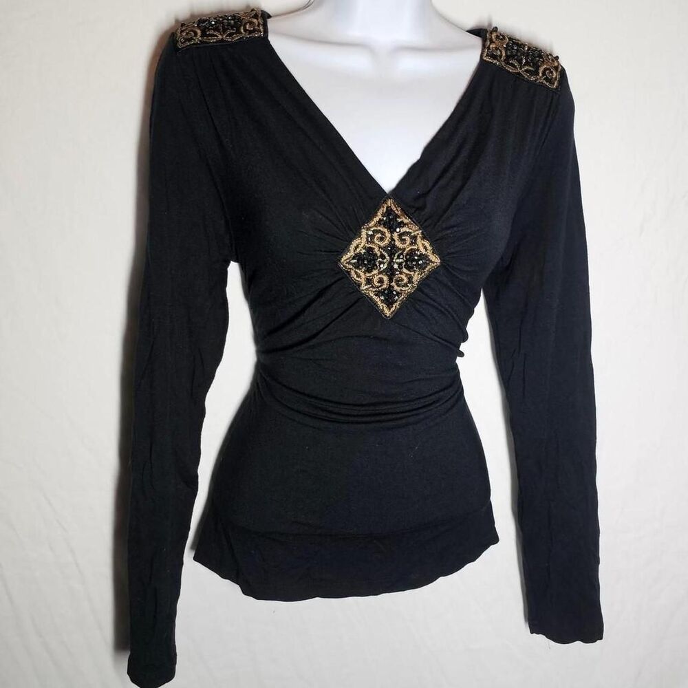 vintage y2k 2000s whimsical jewelled v-neck long sleeve top